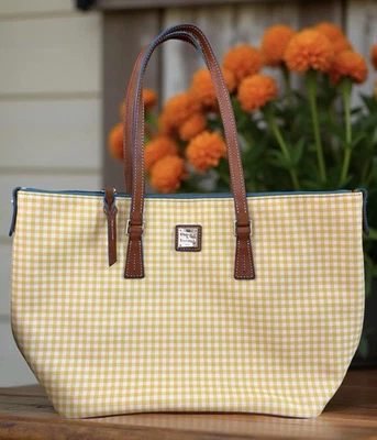 Dooney Bourke Yellow White Gingham Checked Large Zip Tote Shopper Bag Purse - Image 1 of 4