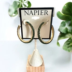 Napier 1 1/2" Gold Tone With Green Crystals Post Back Hoop Earrings-NWT - Picture 1 of 1