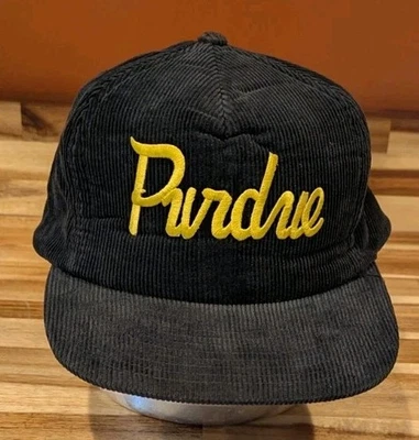 Vintage 80s 90s Purdue Boilermakers University Black Corduroy Strap back Hat - Image 1 of 4