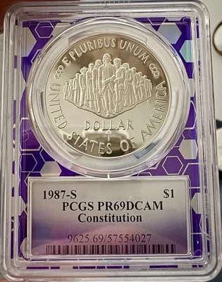 1987-S CONSTITUTION SILVER DOLLAR COMMEMORATIVE PCGS PR69DCAM TRADER BEA SLAB - Image 1 of 2