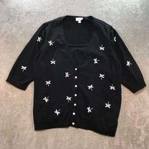 Quacker Factory Dragonfly Beaded Black Cardigan Sweater Women's Size XL Grandma - Picture 1 of 8