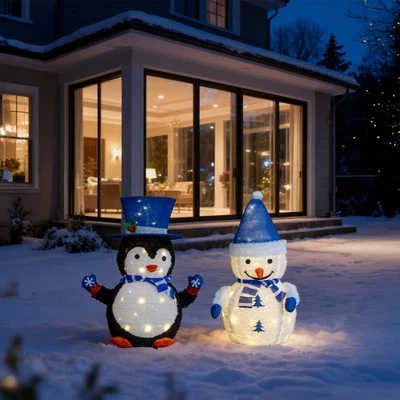 Christmas Plush Penguin and Snowman for In/Outdoor Decorations w/ LED Light