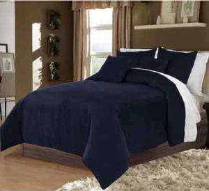 New 5 PC Reversible Velvet Double Navy Blue & White Duvet Cover / Quilt Cover - Picture 1 of 4