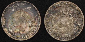 GUATEMALA Silber 1960 25 Centavos Auflage - 560.400 Regenbogen getönt UNC KM# 263 (00) - Bild 1 von 3