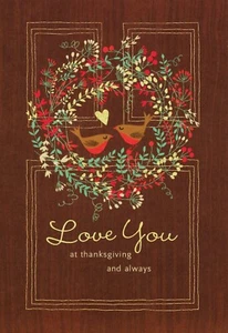 Romantic THANKSGIVING Greeting Card, Cute Love Birds Door Wreath by Hallmark +✉ - Picture 1 of 5
