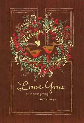 Romantic THANKSGIVING Greeting Card, Cute Love Birds Door Wreath by Hallmark +✉ - Image 1 of 4