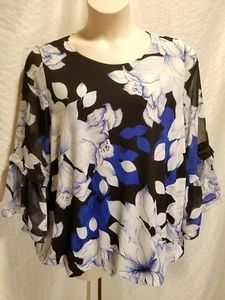 Alfani Damen Plus 0X schwarz blau & weiß Blumenmuster 3/4 Ärmel Top Bluse Shirt $ 75 - Bild 1 von 4
