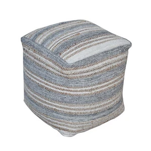 Casual Woven Striped Gray Pouf Ottoman Cube Square Cream Neutral Accent Coastal - Picture 1 of 2