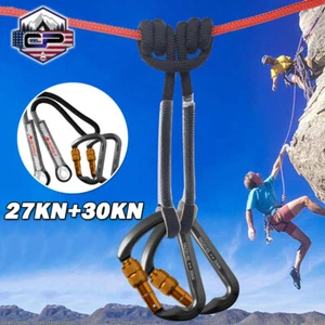 27KN Climbing Rescue Loop Rope+30KN Aluminum D Ring Screw Carabiner Locking Hook - Picture 1 of 15