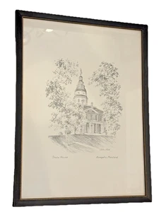 Vintage Bleistiftskizze Zeichnung Staatshaus Annapolis Maryland von John Moll USA - Bild 1 von 14