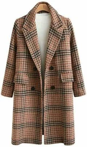Women's Winter Oversize Lapel Collar Woolen Plaid Double Breasted Long Pea Coat - Picture 1 of 23