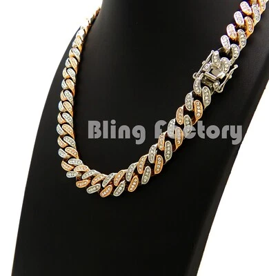 Collar Cadena Cubana Hip Hop Completo Helado Oro Rosa y Plata 18" 20" Caja Bloqueo Foto 1 de 4