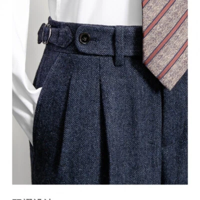 Naples Men High-waisted Slim Wool Trousers Handmade Tweed Pleated Straight Pants - Image 1 of 4