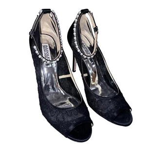 Badgley Mischka Lesley Size 9 Spike Heel Open Toe Lace Pearl Ankle Straps - Picture 1 of 14