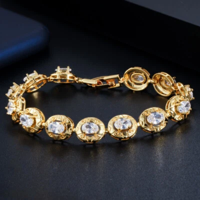 CWWZircons Elegante Brazalete Tenis Dubai Oro Ovalado Circonita Cúbica Mujeres Joyería Foto 1 de 4