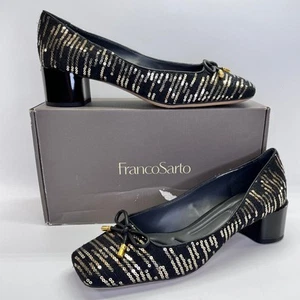 Franco Sarto Natalia2 Black Sequin Pumps Size 10W Low Block Heel Bow Accent - Picture 1 of 18