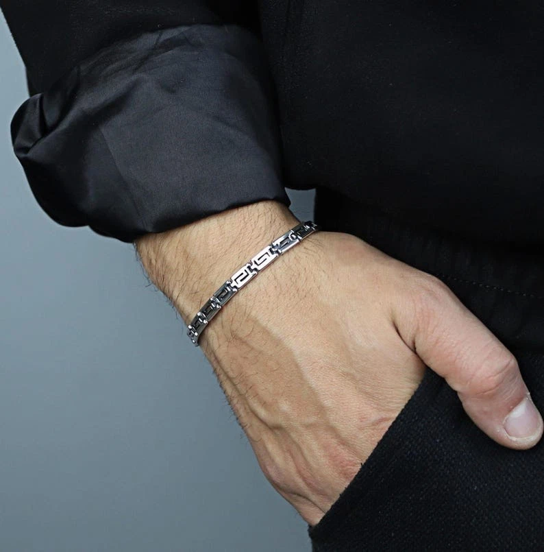 Silver Greek Key Chain Bracelet, Ancient Greek Chain Link Bracelet - Image 1 of 4