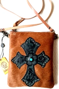 PG Collection Genuine Leather Crossbody Purse with Cowhide & Leather Cross - NEW - Picture 1 of 19