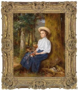 Antiguo arte maestro hecho a mano pintura al óleo antigua niña árbol sobre lienzo 20"x24" - Imagen 1 de 2