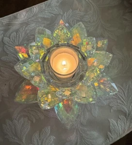 CRYSTAL GLASS PRISM,RAINBOW LOTUS FLOWER SHAPED TEALIGHT,PILLAR CANDLE HOLDER - Picture 1 of 6