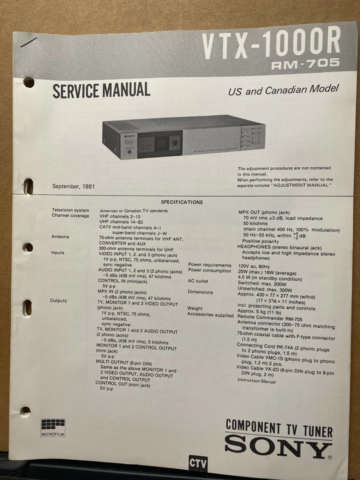 Sony Service Manual for the VTX-1000R Component TV Tuner ~ Original ~ Repair - Image 1 of 1