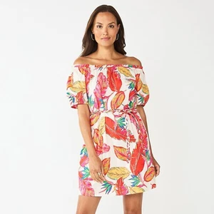 Nine West Size L Off Shoulder Belted Floral Tropical Dress Puff Sleeve Vacation - Picture 1 of 8