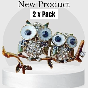 Lovely Gold 2 Owl Enamel Green Crystal Diamante Brooch (2 x Pack ) - Picture 1 of 5