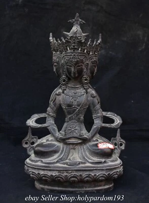Estátua de Deusa Longevidade Amitayus Bronze Tibetano Antigo 12,8" 4 Faces - Imagem 1 de 4