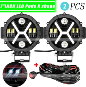 2x 7" Round LED Pods X shape Offroad Driving White DRL Flood Spot SUV ATV+ Wire - Picture 1 of 12