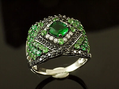 925 Silberring mit Zirkonia Steinen Schwarz  Weiß  Grüner Spinell   - Bild 1 von 4