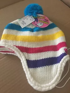 Niñas Sombrero de Invierno Blanco con Rayas Tejido AURICULARES INCORPORADOS Borlas TALLA ÚNICA NUEVO - Imagen 1 de 3