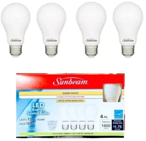 Sunbeam (100w) LED (4-PACK) Dimmable 14.5 Watt Light Bulb - 3000K Warm White A19 - Picture 1 of 3