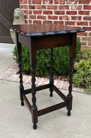 Antique English Dark Oak End Table Barley Twist Pie Crust Edge Square Side Table Cover