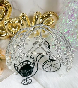 Stars Princess Wedding Crown, Pearl Bridal Hair Jewelry, Large Size Silver Tiara - Picture 1 of 6