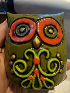 Vintage Mid Century Modern Fitz & Floyd Green Orange Owl Coin Bank Japan - Picture 1 of 6
