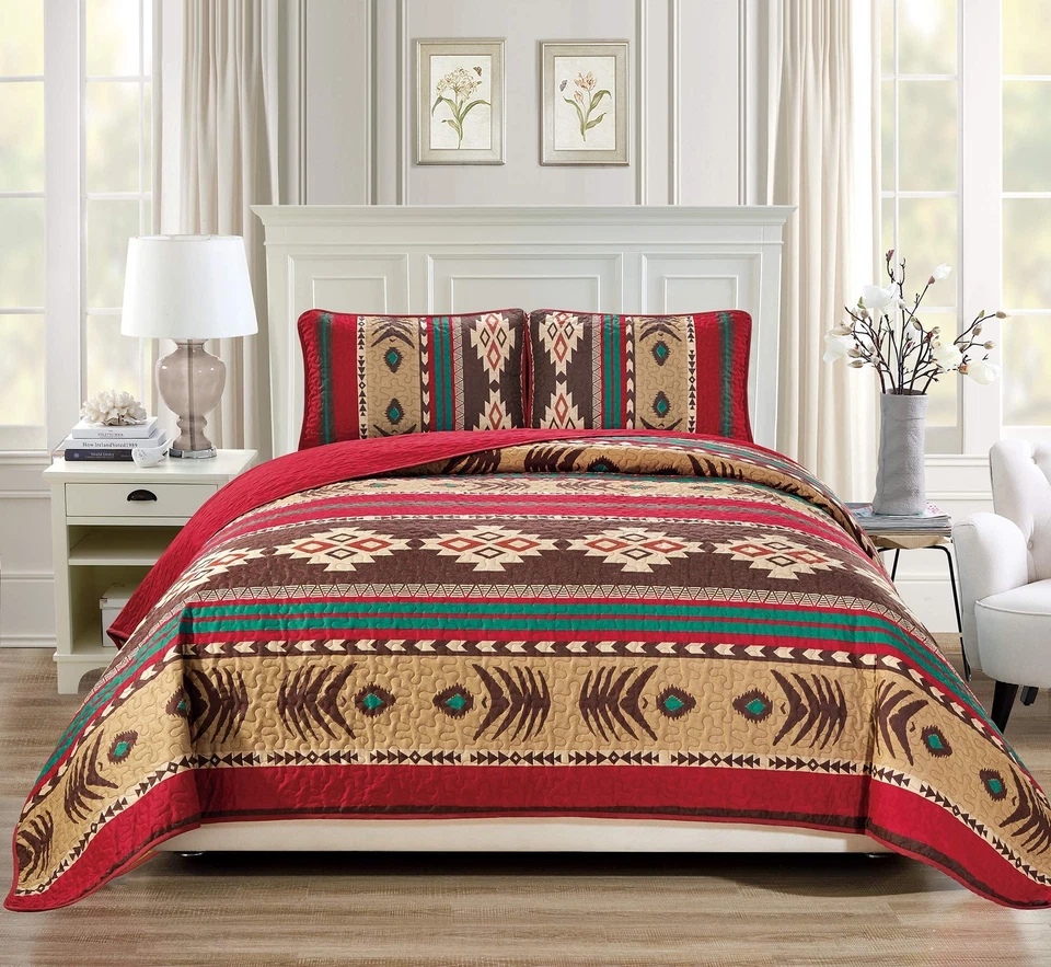 Western Southwestern Native American Tribal Navajo Design Oversize Quilted Be... - Image 1 of 1