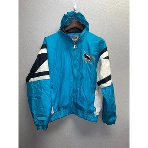 Vintage San Jose Sharks Jacket Starter NHL Hockey Full Zip Hooded Blue 90s Small - Picture 1 of 13