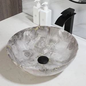 16" Bathroom Vessel Sink Round Marble Style Ceramic Basin Bowl Pop Up Drain Tap - Picture 1 of 11