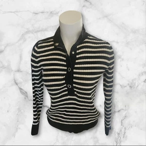 Lauren Ralph Lauren Striped Ribbed Knit Henley Sweater Sz S Black White Women - Picture 1 of 14