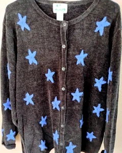 Quacker Factory 1X Black Button Down Sweater w/Bright Blue Stars Velour Knit - Picture 1 of 2