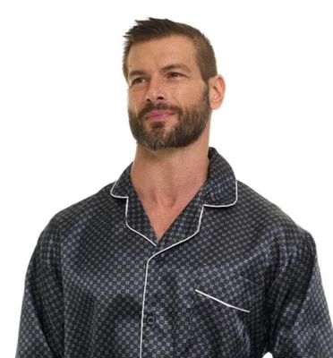 Pijama de satén de seda para hombre - Juego de pijama - NEGRO A CUADROS + ''ENTREGA EN 5 DÍAS - Vendedor de EE. UU. Foto 1 de 4