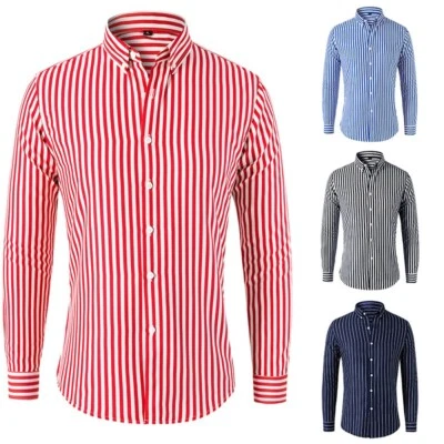 Men's Dress Shirts Long Sleeves Formal Business Striped Casual Slim Shirts Tops - Image 1 of 4