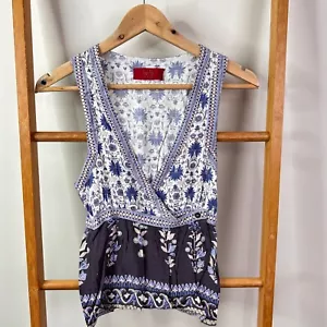 Tigerlily Sleeveless Top Womens 6 Blue Floral Print V-Neck Wrap Rayon - Picture 1 of 9