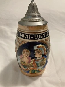 German Beer Stein w/lid "Lustig Fass Mich - Lustig Lass Mich" 8 3/4" tall - Picture 1 of 4