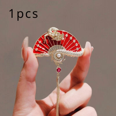 1x Lady Chinese Style Red Brooch Tassel Fan Dragon Pattern Brooch Costume Decor - Image 1 of 4