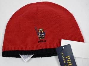 NWT Polo Ralph Lauren Kids One Size 4-7 Beanie Hat Red Ski Bear Logo Knit Cotton - Picture 1 of 11