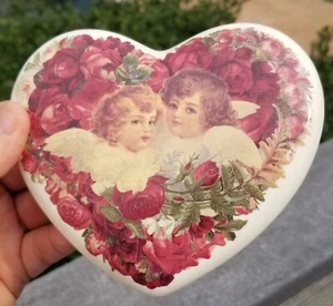 CHERUBS ANGELS CHILDREN~HEART SHAPED COVERED LIDDED JAR~JEWELRY BOX~TRINKET - Picture 1 of 10