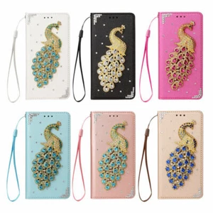 For iPhone 11 12 Pro Max XR XS 6 7 8 SE Diamond Peacock Card Slot Phone Case - Picture 1 of 17