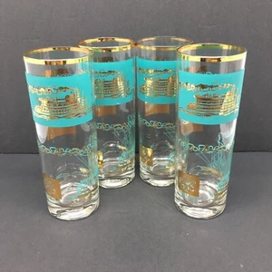 Collins Glasses Barware Aqua Gold Vintage MCM Lot Of 4 Liquor - Picture 1 of 7
