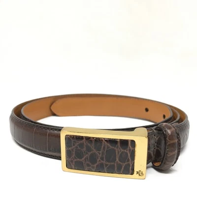 Lauren Ralph Lauren Logo Skinny Belt Womens Size M Medium Brown Italian Croc - Image 1 of 4